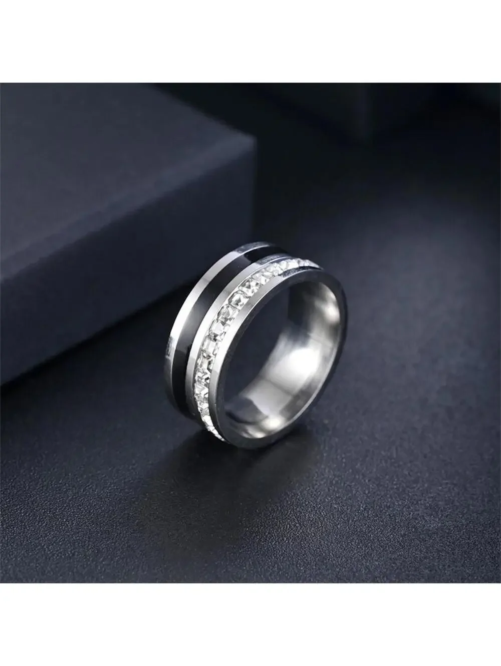 Stainless steel princess cut inlay band RING - Silver - CZs- size 10